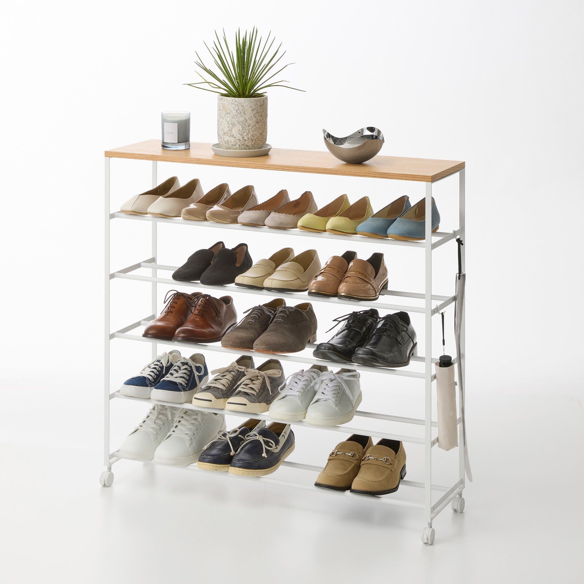 Rolling Five-Tier Shoe Rack (34.25 H)  - Steel + Wood