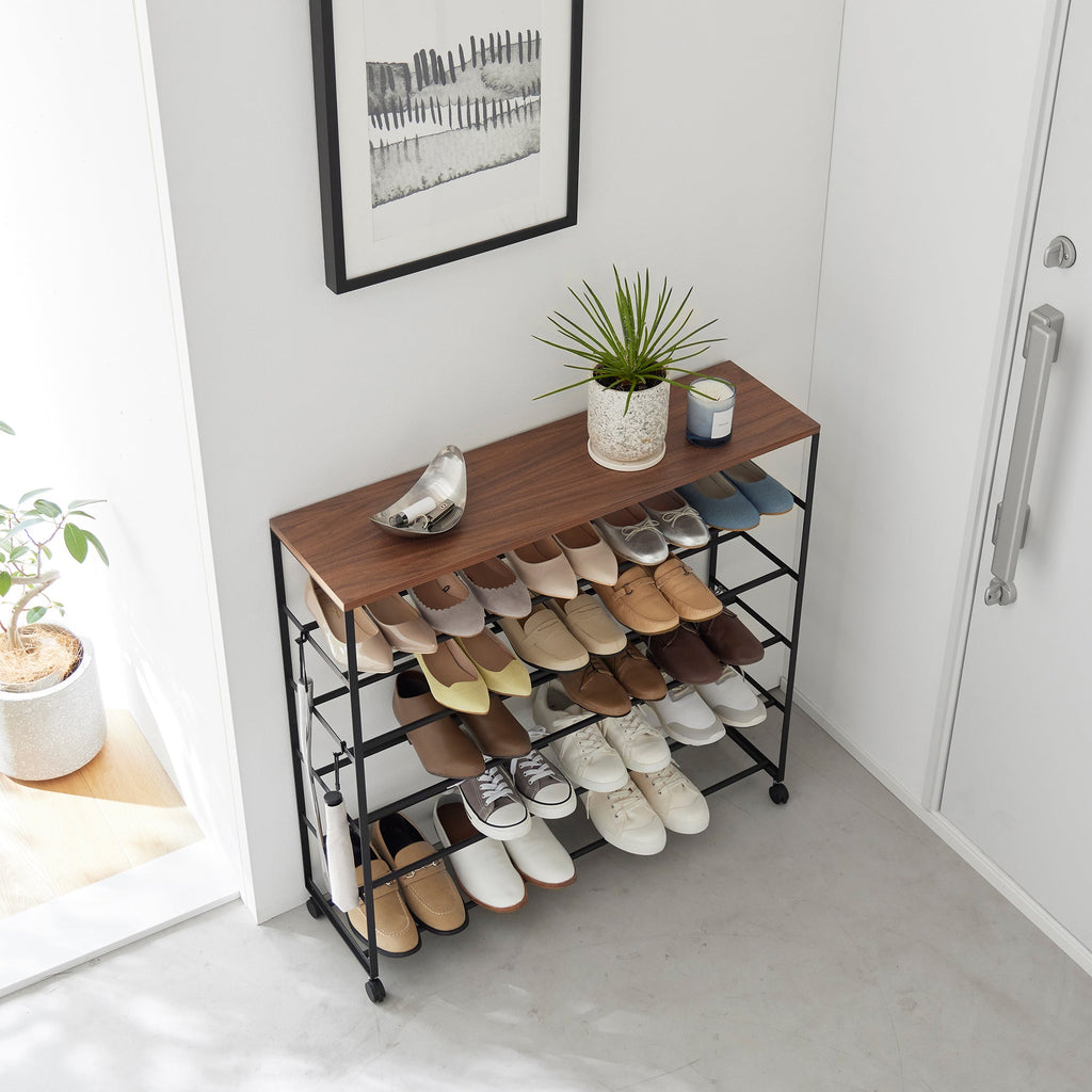 Rolling Five-Tier Shoe Rack (34.25 H)  - Steel + Wood