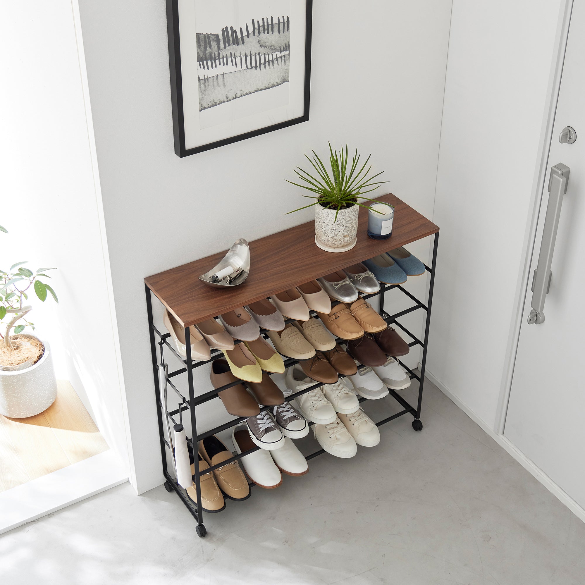 Rolling Five-Tier Shoe Rack (34.25 H)  - Steel + Wood