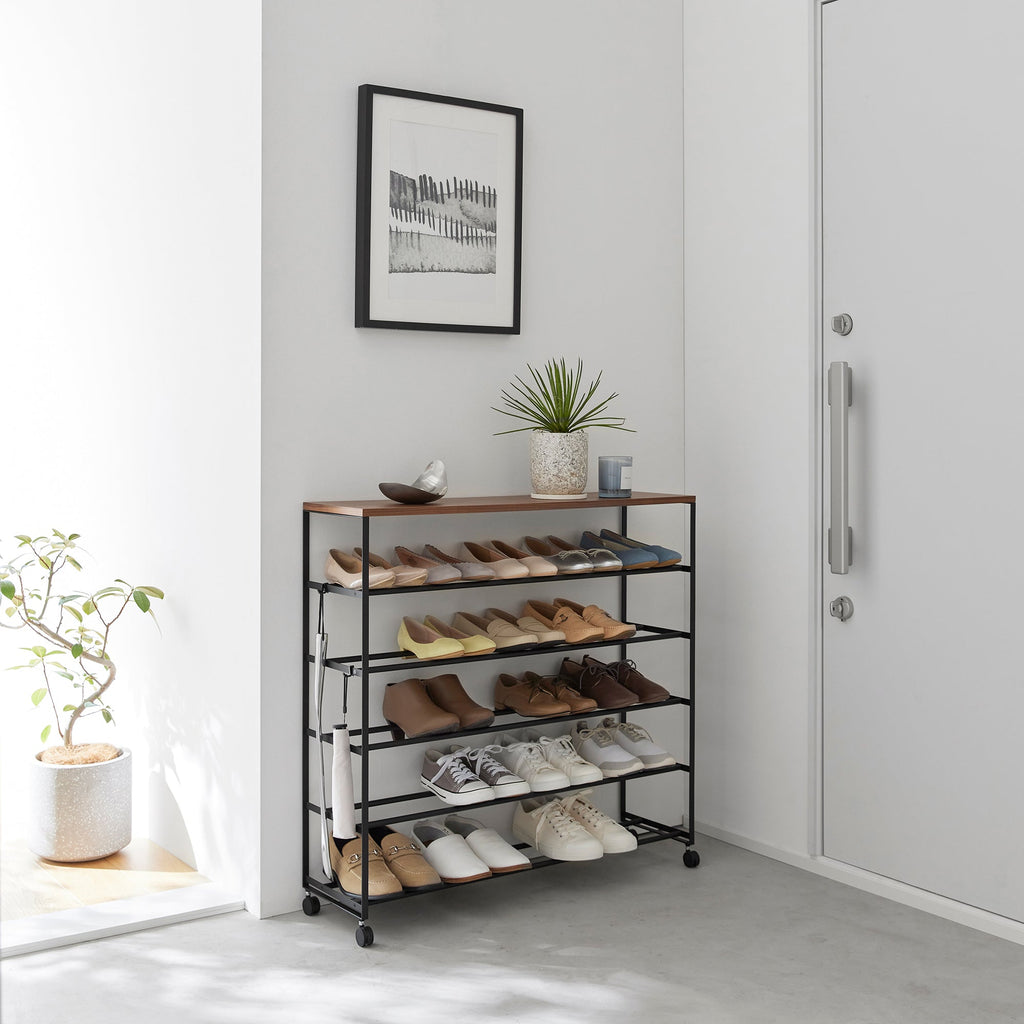 Rolling Five-Tier Shoe Rack (34.25 H)  - Steel + Wood