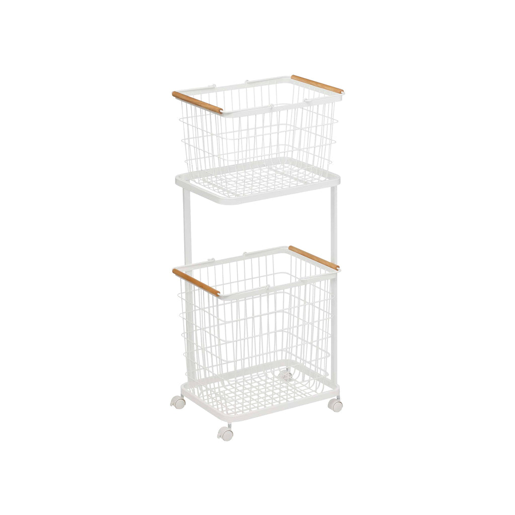 Rolling Laundry Cart + Wire Baskets (38 H)  - Steel + Wood