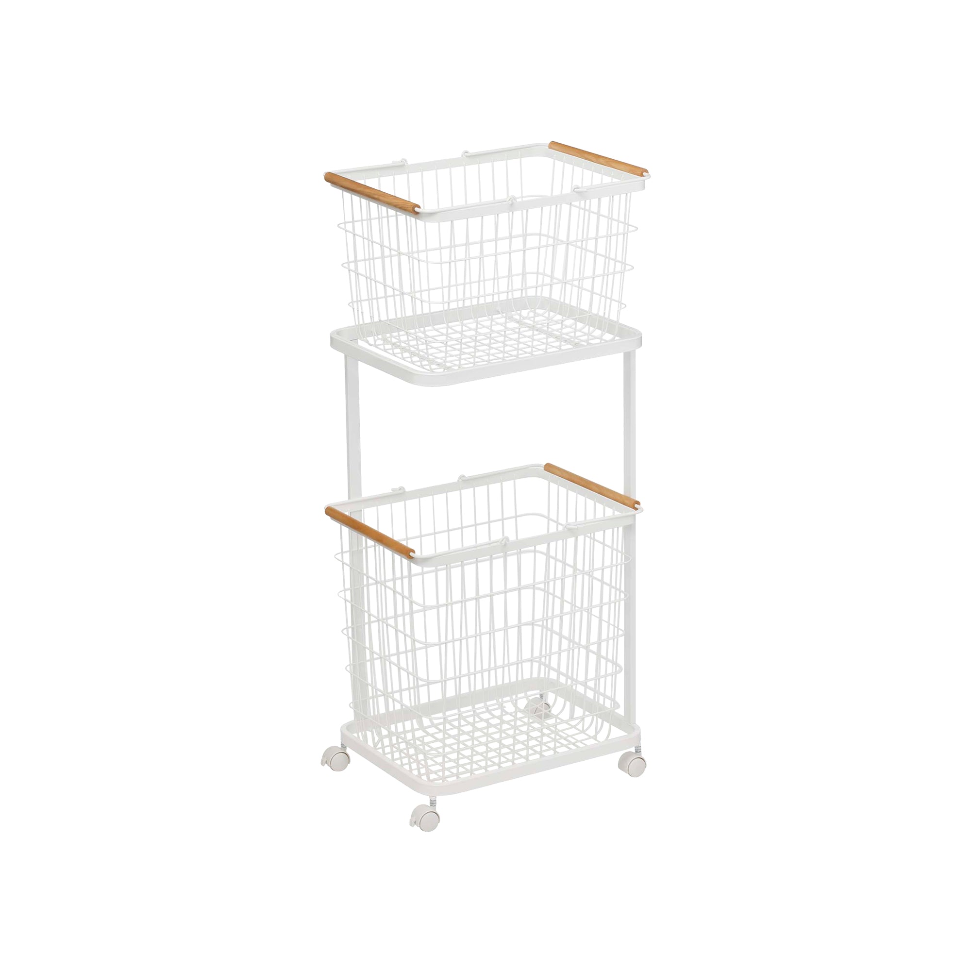 Rolling Laundry Cart + Wire Baskets (38 H)  - Steel + Wood