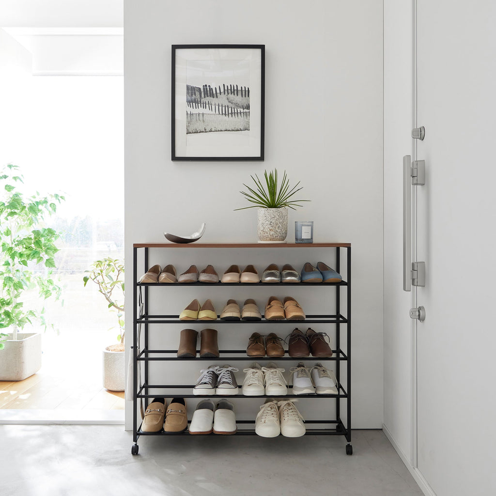 Rolling Five-Tier Shoe Rack (34.25 H)  - Steel + Wood