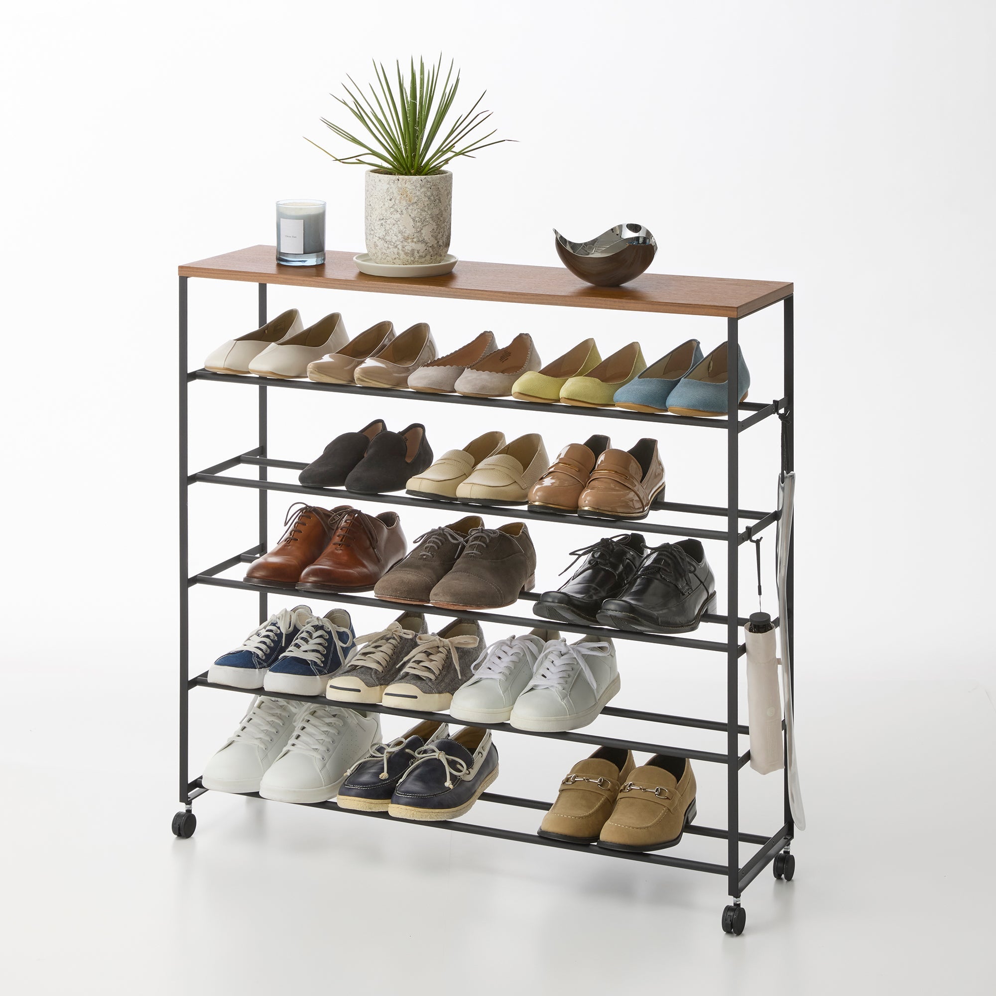 Rolling Five-Tier Shoe Rack (34.25 H)  - Steel + Wood