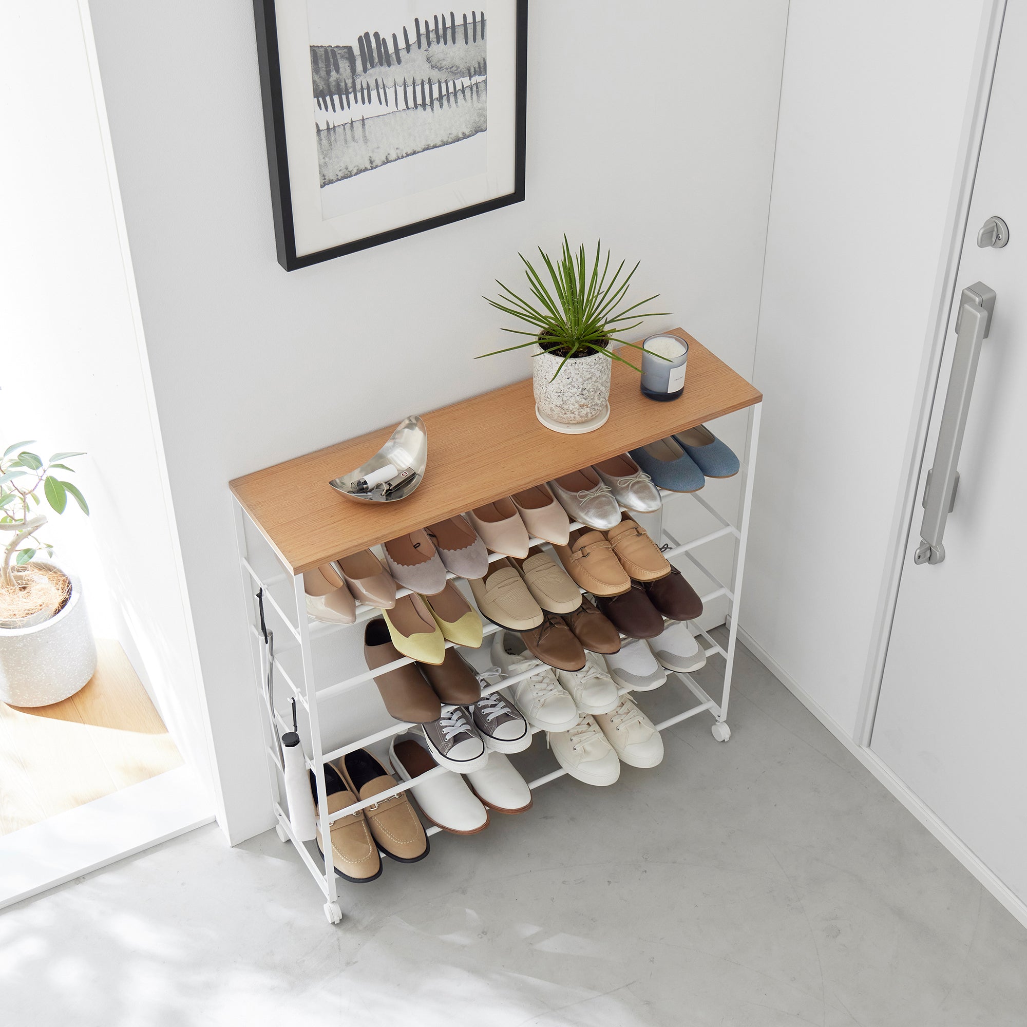 Rolling Five-Tier Shoe Rack (34.25 H)  - Steel + Wood